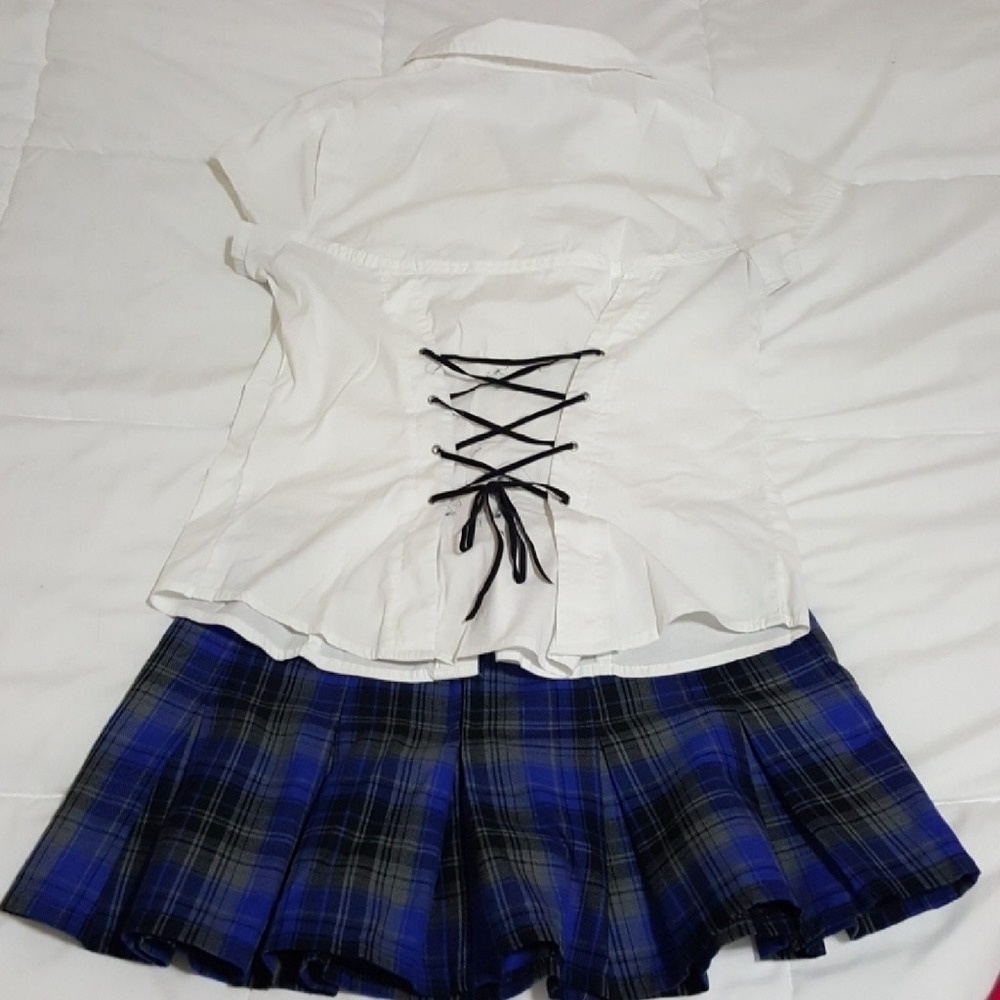 Abbey Dawn Blue Black Plaid Stripes Mini Skirt
